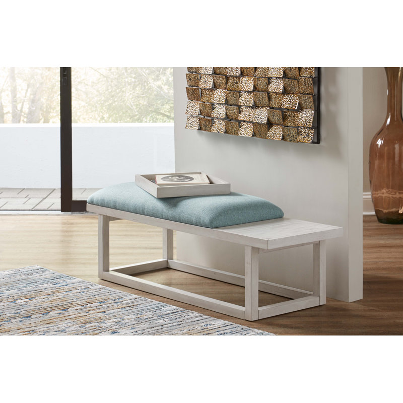 Upholstered Bench with Removable Tray, Aqua/White