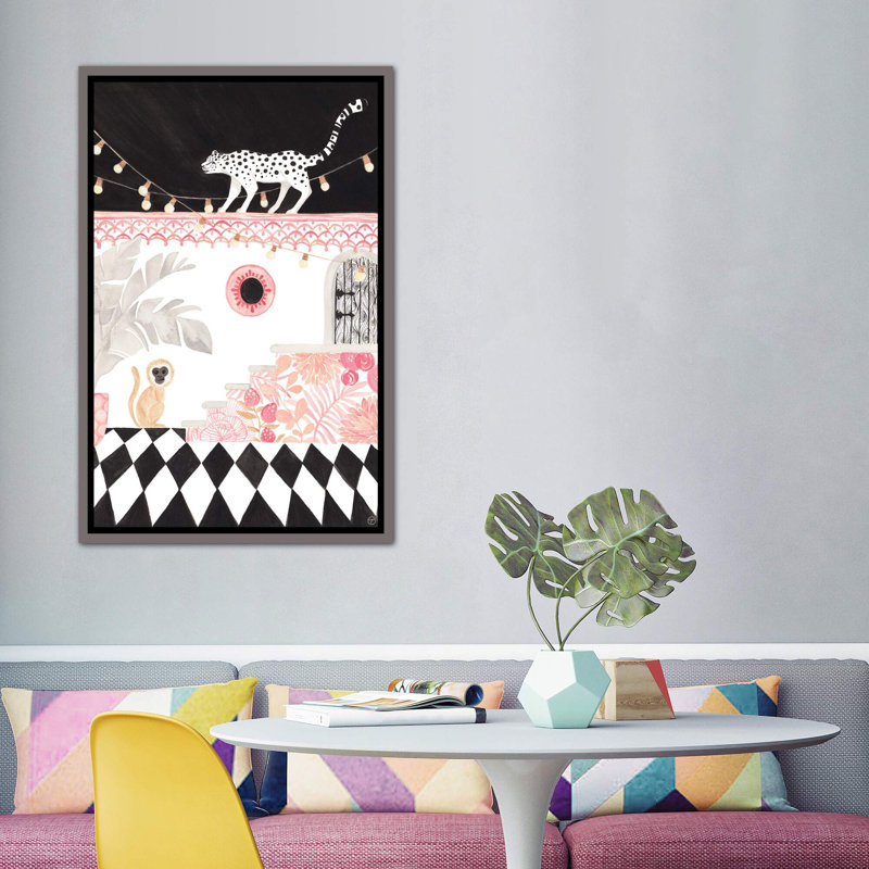 Art sur papier leopard et singe, H 60 po x l 40po x P 1,5 po, Toile encadrée de bois rustique foncé