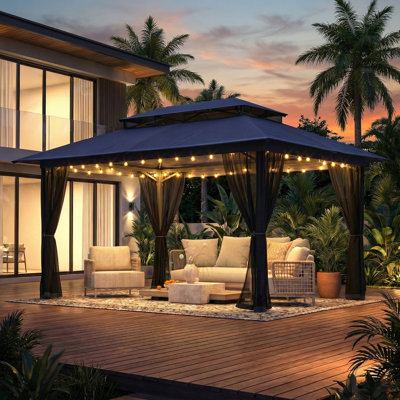 Pavillon de jardin 10X10, pavillon de jardin extérieur avec moustiquaire, pavillon de jardin à double toit en métal, pavillon pour patio couvert, pavillon de jardin robuste pour l'extérieur pour terrasse de jardin, noir