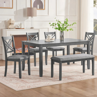 Ensemble de salle à manger de cuisine 6 pièces, table de salle à manger rectangulaire en bois avec 4 chaises rembourrées et un banc, ensemble de table de salle à manger pour 6 personnes, salon et cuisine
