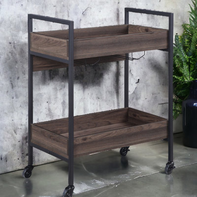Serving Cart With 2 Tier Shelves In Walnut & Black Hue And Rectangular Form Shelf Finish Metal Frame by Red Barrel Studio