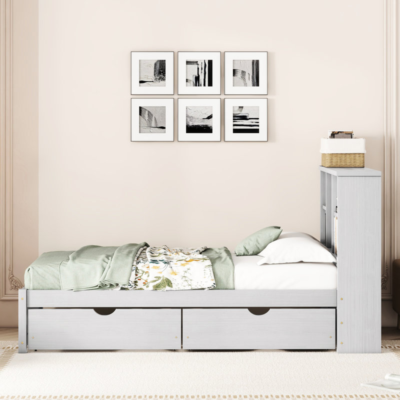 Structure de lit simple gris avec station de charge et 2 lits modernes sous le tiroir, finition et rangement, Gris