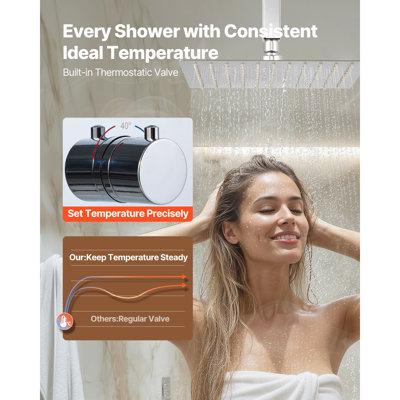 Shower Faucet Set, 12 Inch Thermostatic Ceiling Mount Rainfall Shower System with 6 Inch Wall Mount Head and 2 in 1 Handheld Spray, 3-Function Dual Rain Head Brass Valve and Trim Kit, Chrome