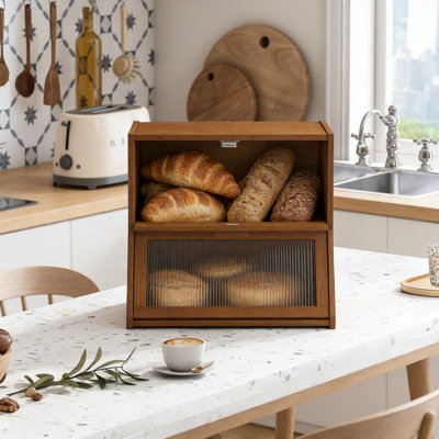 Double Layer Bamboo Bread Box With Acrylic Wavy Door, Large Capacity Kitchen Counter Storage Container For Bread And Baked Goods