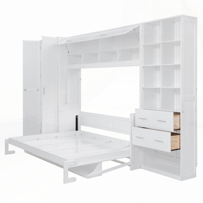 Grand lit escamotable avec placard, tiroirs et tablettes, Grand, Blanc