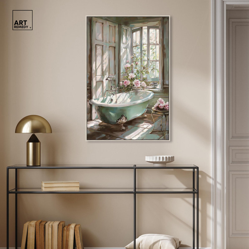«Spring Bliss Bathroom Canvas Farmhouse» par Art Remedy, Cadre argenté, H 31 po x l 21 po