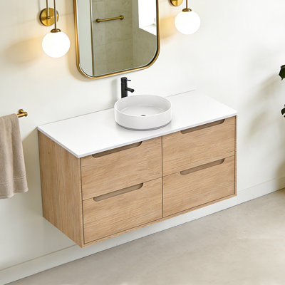 Meuble-lavabo mural en chêne naturel avec vasque ronde en céramique