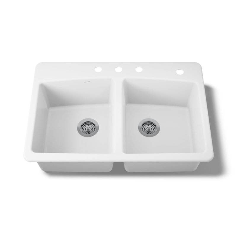 33" L x 22" W x 9-5/8" Top-Mount Double-Equal Kitchen Sink, White, 4 Hole