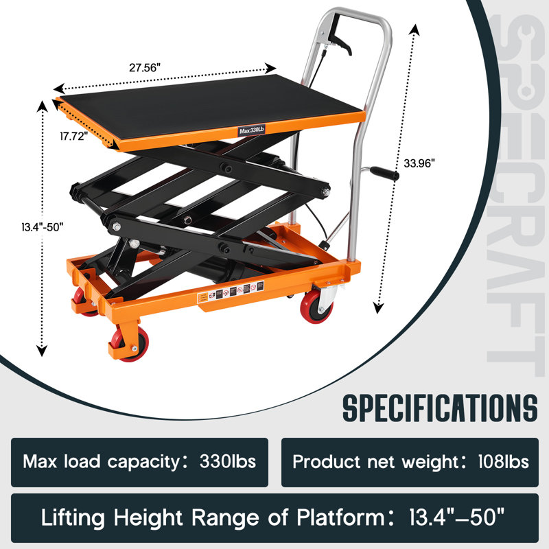 Chariot élévateur hydraulique Industrial Workspace Essentials, table élévatrice à ciseaux double avec 4 roues et coussin antidérapant, table élévatrice hydraulique pour la manutention, jaune