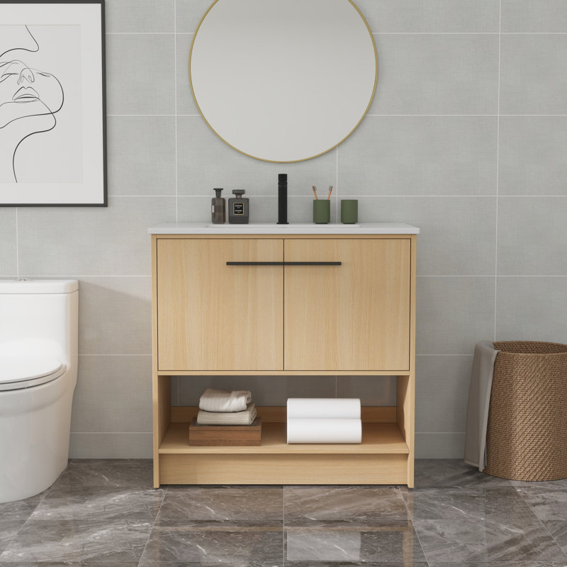 Meuble-lavabo 36 po avec lavabo en céramique, Chêne, Noir