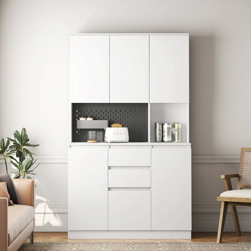 Armoire garde-manger de 74 po avec station de charge, buffet autoportant avec tiroirs, garde-manger moderne avec support à micro-ondes pour cuisine, salon, salle à manger