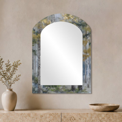 Gold Boho Arched Wall Mirror – Birch Tree Forest in Autumn, Printed on Metal