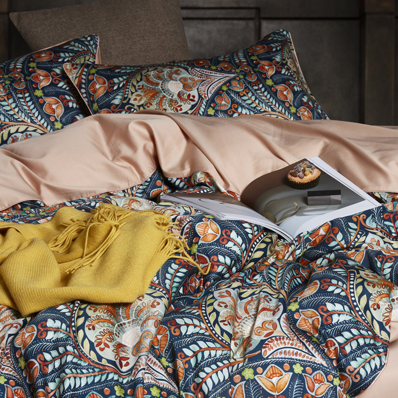 Vintage Floral And Leaf Printed  Microfiber Comforter Set, Dark Blue/Orange Floral