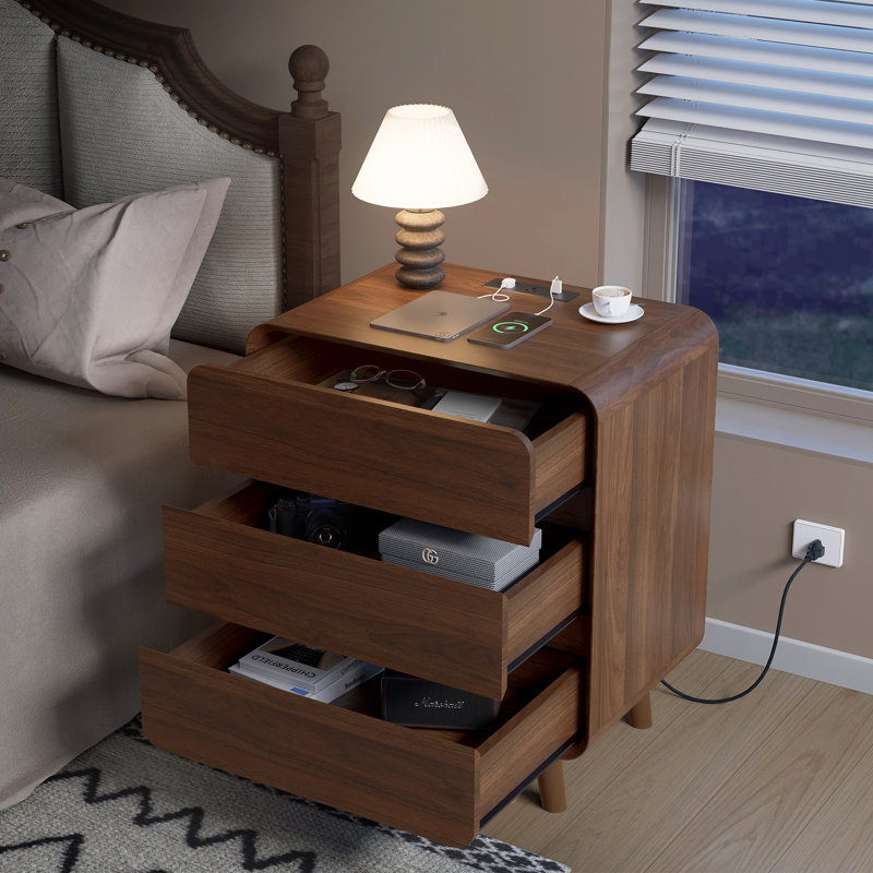 Angela Wood 3 Drawers Nightstand Set of 2 with Charging Station, Bed Side Table Set of 2 with Charging Station, Round Corner Wood Night Stand, 15.7"D x 23.6"W x 27.7"H