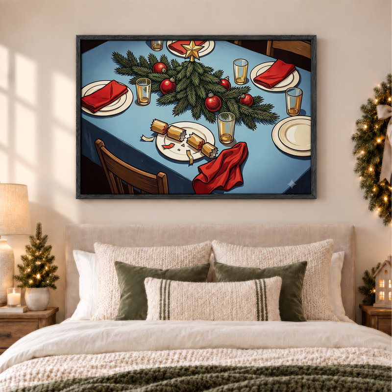 Art de la toile de table avec nappe bleue et branches de pin, H 36 po x l 48 po