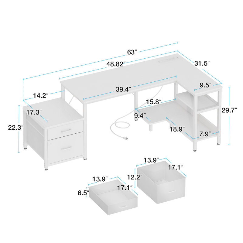 Writing Desk With Recessed Power Outlets, Home Office Desk With A Printer Cabinet,reversible Computer Desk With Pc Stand,corner Desk With Sturdy Structure