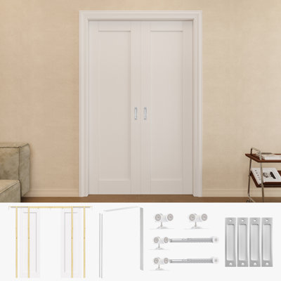 Porte coulissante double 48 po x 80 po pré-finie à un panneau avec poignées argent et cadre de porte blanc