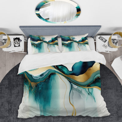 Teal and Gold Abstract Expression I - Ensemble de housse de couette à encre liquide abstraite - Polyester microfibre
