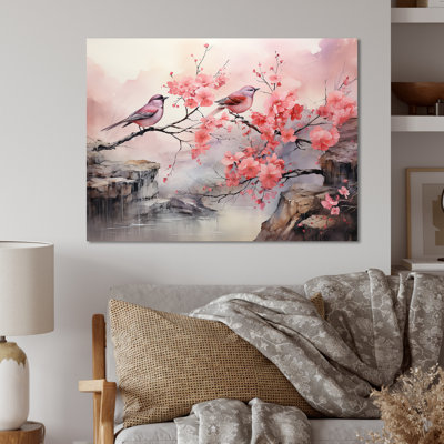 Sakura, oiseaux roses sur un arbre en fleurs roses - oiseau, art mural en métal
