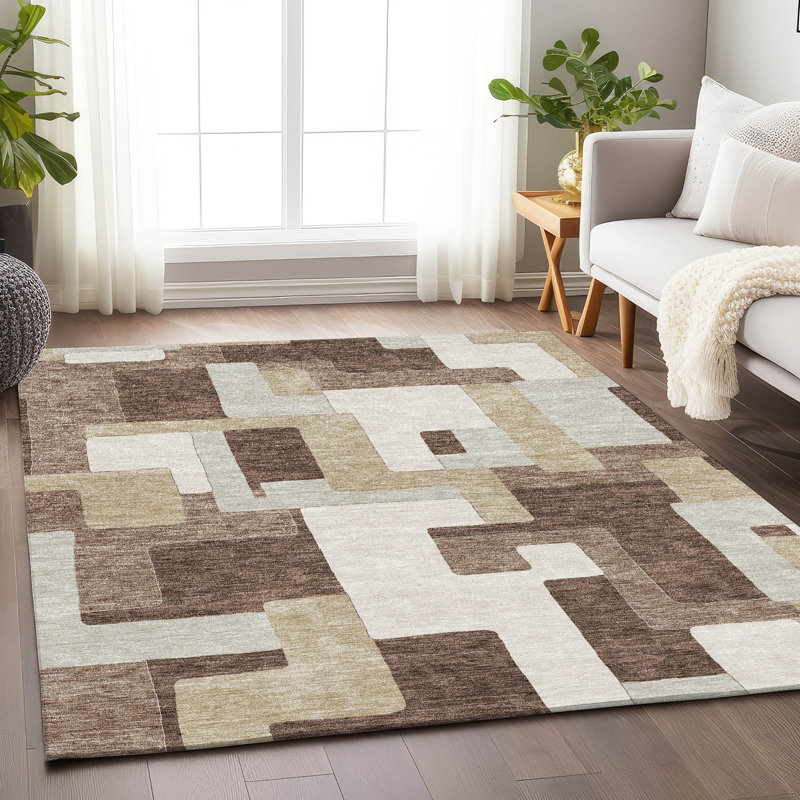 Tapis brun Prisco lavable à la machine de qualité supérieure, Rectangulaire 8 pi x 10 pi