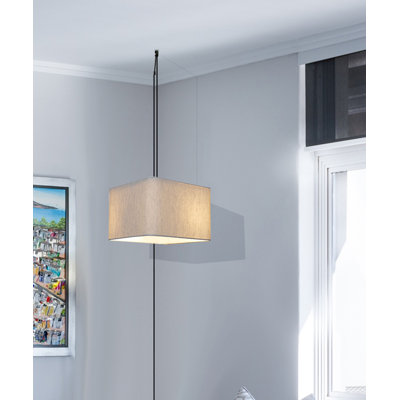 1 Light Swag Plug-In Pendant 14"w Rounded Corner Square Oatmeal Drum Shade, Black Cord