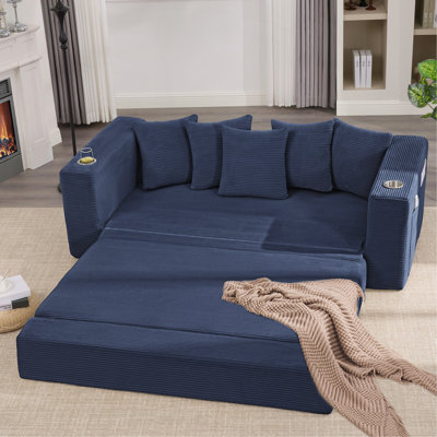 2-In-1 Convertible Sleeper Couch,Modern Sofa , Floor Folding Couch,Corduroy,5 Pillows,Side Pocket, Cup Holders,Apartment, Home Office, No Assembly,3 Seat