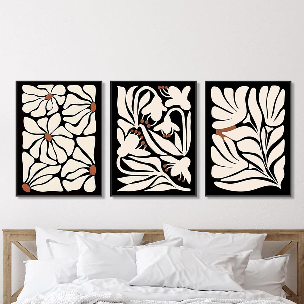 Black Boho Flowers Plant Wall Art Set Of 3, Abstract Botanical Flower Canvas Poster Minimalist Vintage Bohemian Black Beige Floral Wall Prints For Bed