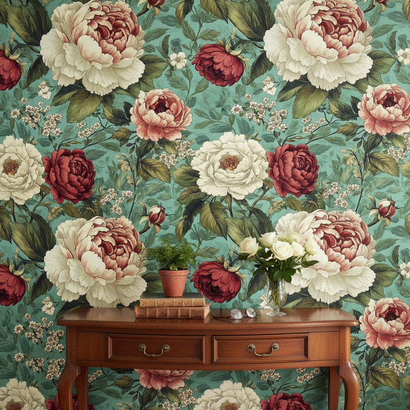 Papier peint floral, botanique, décoration murale rétro