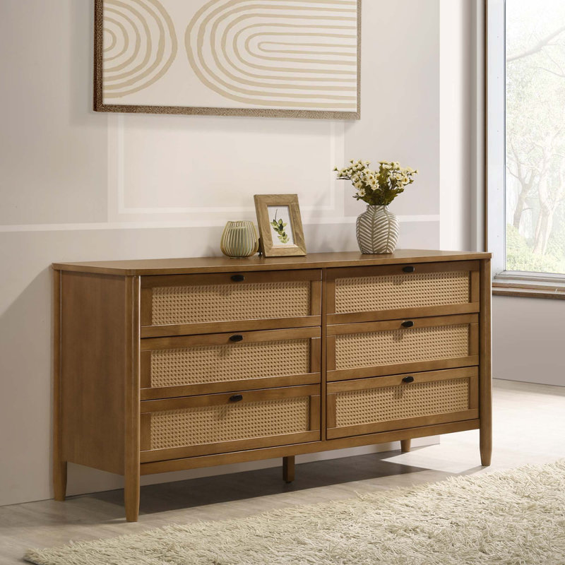 Commode 6 tiroirs en bois et rotin