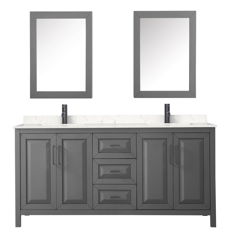 Daria 72'' Double Bathroom Vanity with Carrara Marble Top, Dark Gray, Carrara Cultured Marble, Matte Black