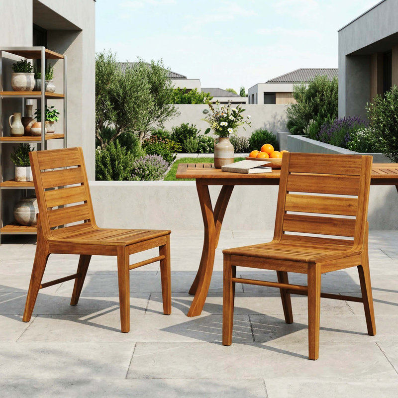 2 chaises de salle à manger d'extérieur en bois d'acacia, dossier ergonomique courbé à finition teck, chaise d'appoint résistante aux intempéries pour la cour