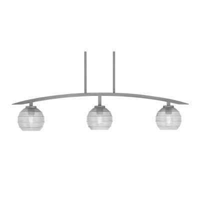Luminaire pour îlot de cuisine 3 lumières Kurve, fini graphite avec verre nervuré de 6 po