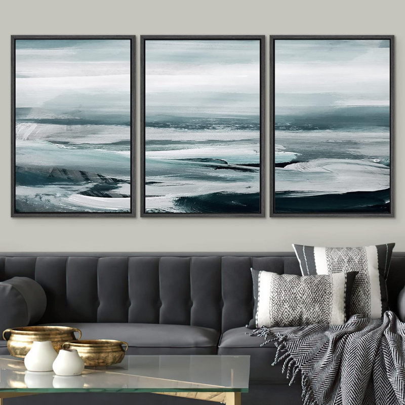 Bord de mer, vue aérienne de l'océan abstrait encadré sur toile, 3 pièces, Noir, H 24 po x l 48 po x P 1,5 po