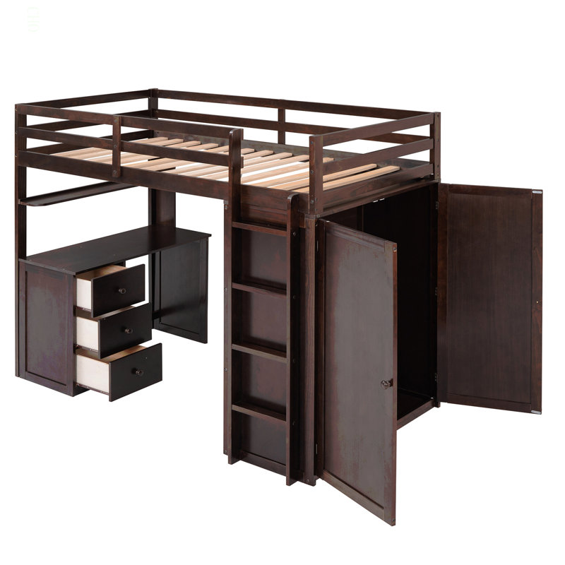 Lit mezzanine simple avec tiroirs, bureau et garde-robe, Simple, Espresso