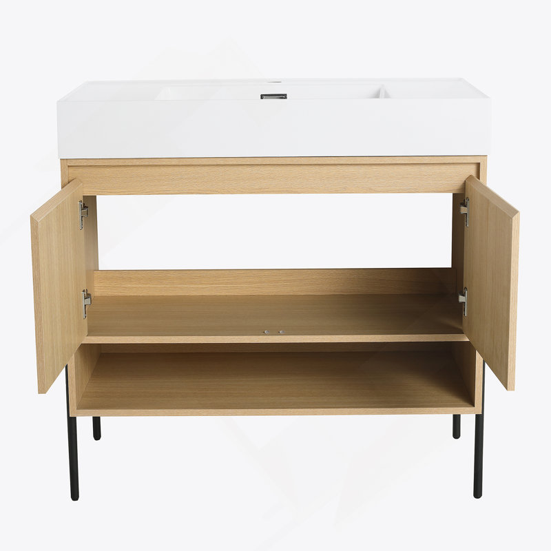 Ensemble de meuble-lavabo 36 po avec lavabo simple en résine, ensemble d'armoires de rangement modernes 2 portes, bois massif multicouche, chêne