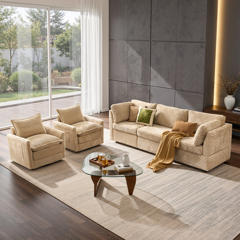 Ensemble de canapé modulaire moelleux 5 pièces avec chaises pivotantes, Velours côtelé beige
