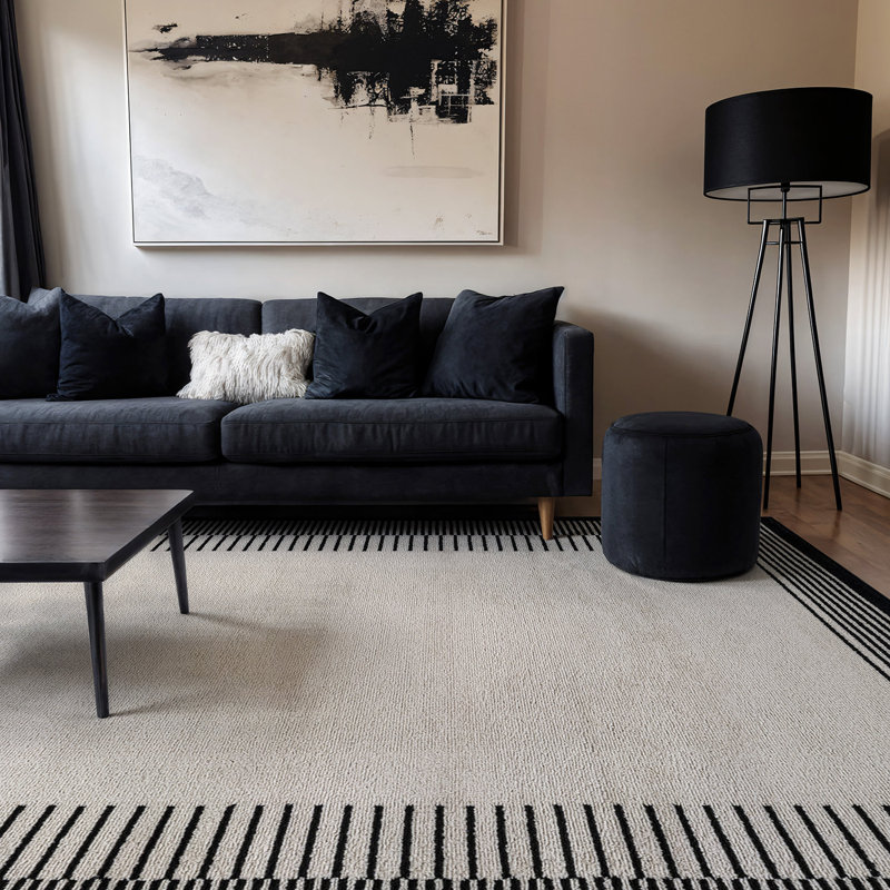 Tapis moderne à motif abstrait à bordure douce, Crème/noir, Rectangulaire 7 pi 10 po x 10 pi