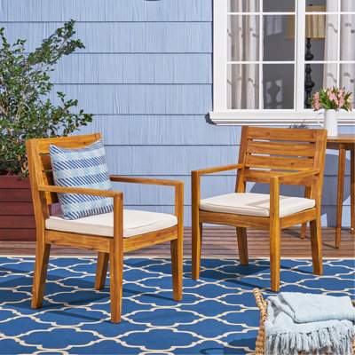 Outdoor Dining Chair Set Of 2,Sandblast Natural Stained With Beige Cushion