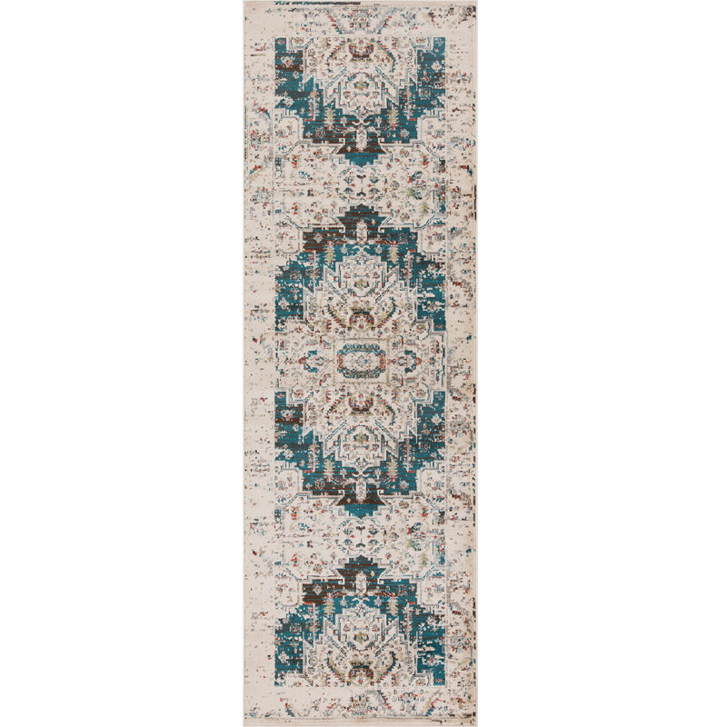 Tapis intérieur en polypropylène Diantha Medallion, Tapis de couloir 2 pi 7 po x 8 pi, Sarcelle