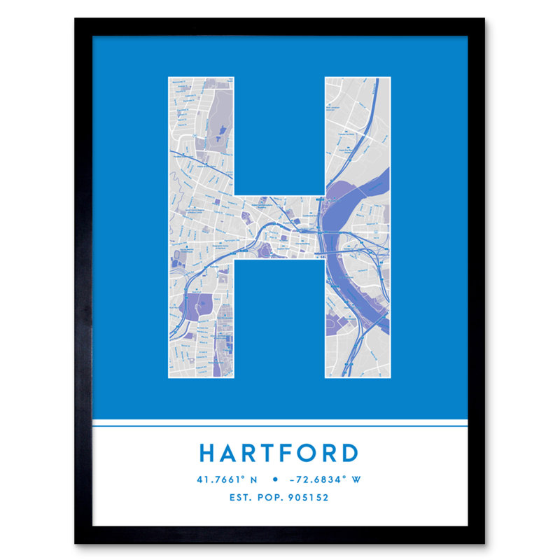 Hartford City Map Hartford Blue by Wee Blue Coo - Single Picture Frame Typography