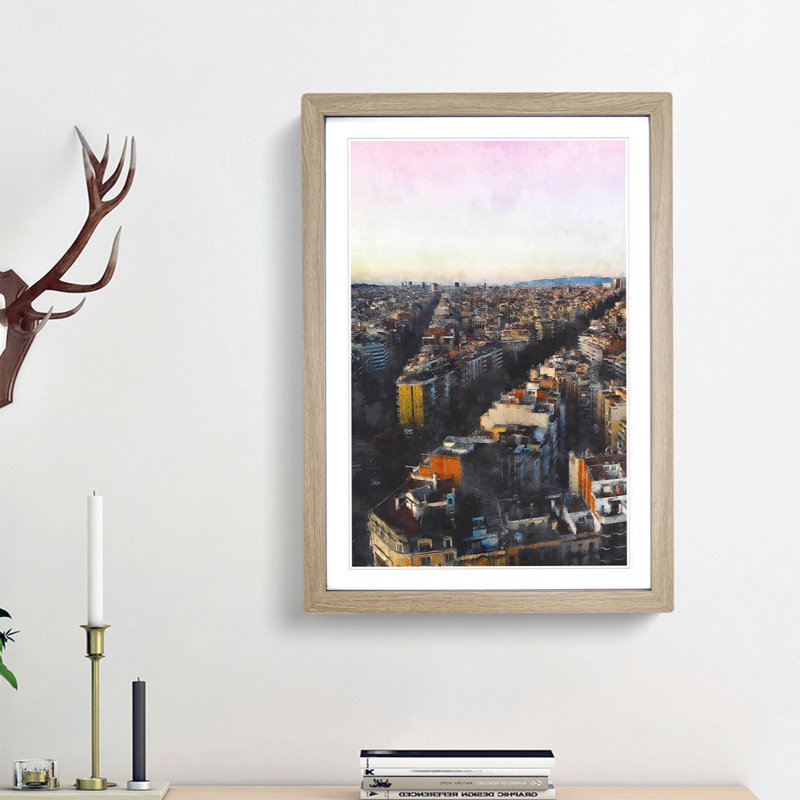 View of Barcelona in Spain - Picture Frame Painting Print, Oak Framed, 45cm H x 33cm W x 2cm D