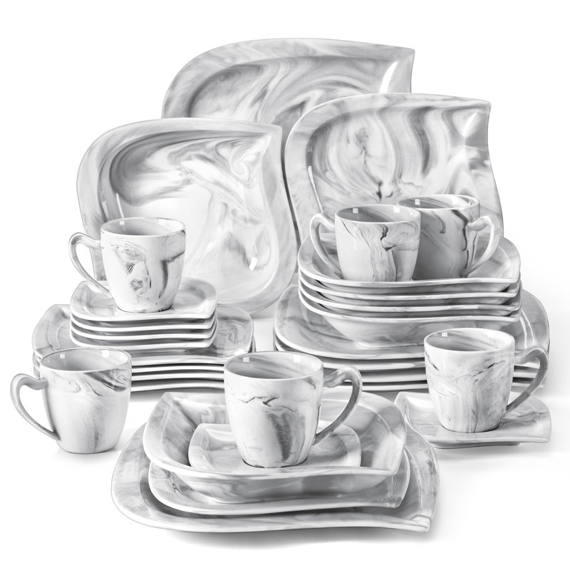 30-piece Marbling Grey Porcelain China Dinnerware Set, Service For 6 