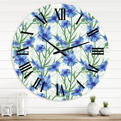 Bleu bleuet avec feuilles vertes I - Horloge murale traditionnelle