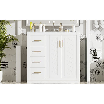 Meuble-lavabo 36 po, structure en bois massif, lavabo en céramique, 3 tiroirs, charnières, rangement spacieux, motif rainuré unique, poignée en métal exquis, style rétro, design moderne, facile à assembler, tiroir lisse