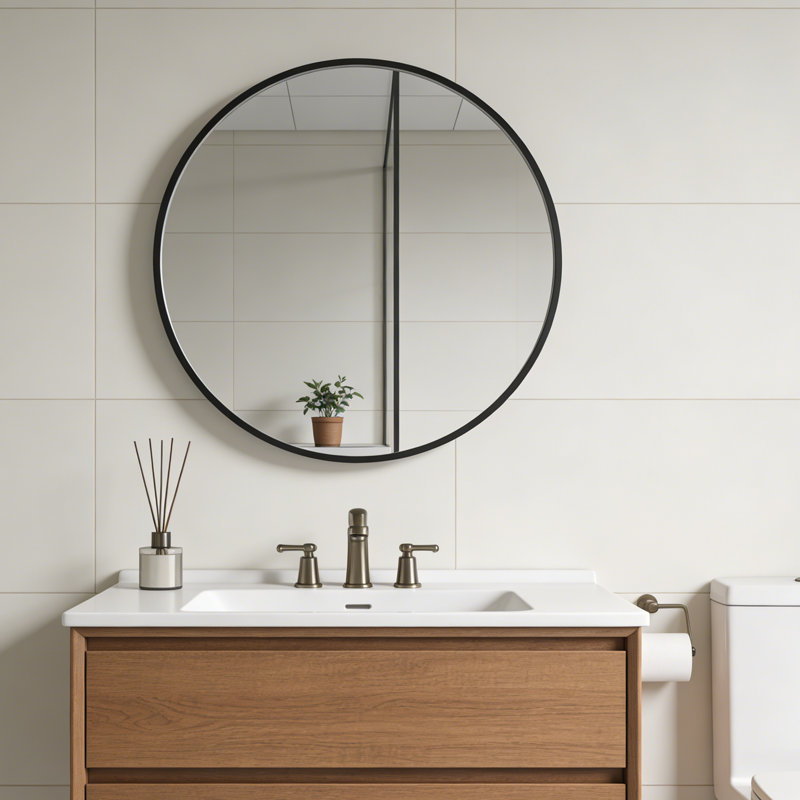 Round Wall Mirror with Aluminum Alloy Frame and Tempered Glass, Modern Bathroom Vanity Mirror, Matte Black, 30" x 30"