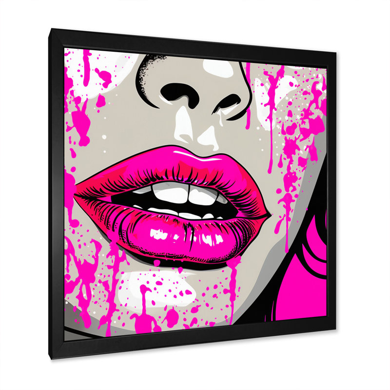 Popart sensuel, lèvres roses sur toile, Cadre simple noir, H 16 po x l 16 po x P 1 po