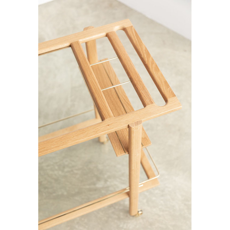 Solid Wood Bar Cart with Wheels, White Oak/Brass