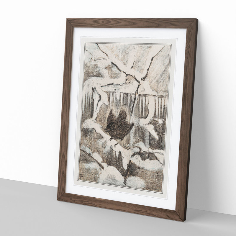 Wren on Snowy Branch by Theo Van Hoytema - Picture Frame Painting, 65cm H x 48cm W x 2cm D, Walnut Framed