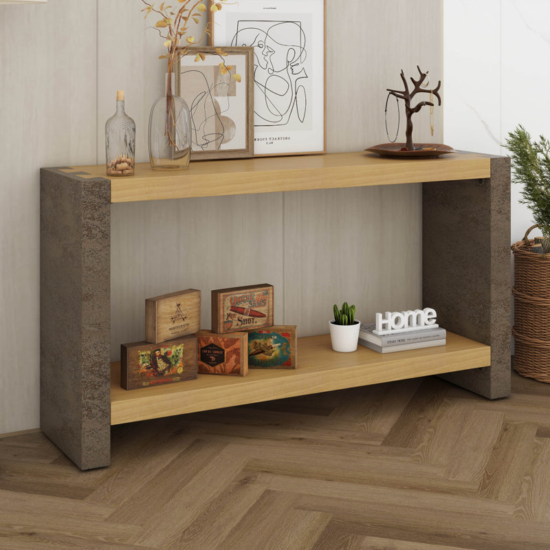 Console Minimalist avec menuiserie à queue d'aronde, canapé derrière le canapé, tables d'appoint en bois avec tablette de rangement ouverte