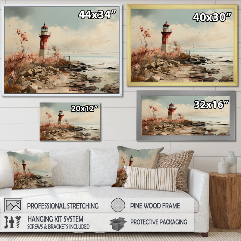 Coastal Light House, paysage minimaliste sur toile, Cadre doré à coins fermés, H 12 po x l 20 po x P 1 po